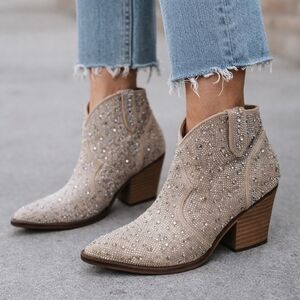 Very G Beige Crystal-Embellished Suede Western Ankle Boots